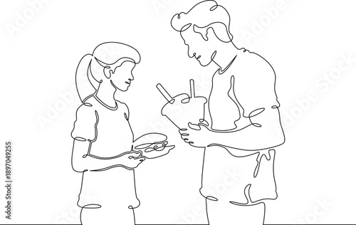 Continuous single line drawing family eats on the street. People eat fast food. Weekend.Parents.Offspring.Linear.One continuous line isolated minimalist illustration. Not AI.