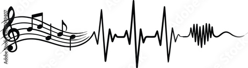 Music heartbeat waveform illustration combining musical notes and electrocardiogram pulse line symbolizing rhythm sound energy audio frequency and emotional connection between music and life