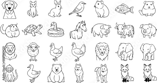 Cute Black and White Line Art Collection of Farm and Wild Animals for Kids' Education