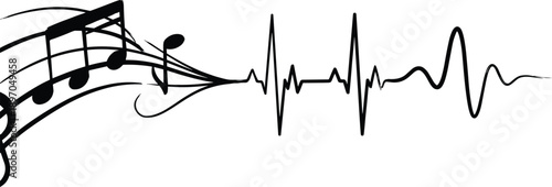 Musical notes transforming into heartbeat waveform illustration representing sound rhythm music energy emotional connection audio frequency and life pulse concept on white background