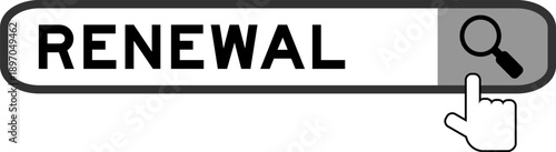 Search banner in word renewal with hand over magnifier icon on white background