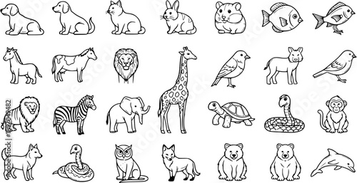 Black and White Line Art Collection of Cute Animals: Dogs, Cats, Rabbits, Hamsters, Fish, Horses, Lions, Giraffes, Birds, Zebras, Elephants, Turtles, Snakes, Monkeys, Bears, Dolphins
