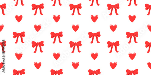 Seamless pattern with red bows and hearts on white background. Cute coquette aesthetic vector for Valentine, wedding stationery, romantic gift wrap, textile prints, and feminine nursery decor.