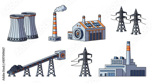 Collection of industrial power plant elements and structures.