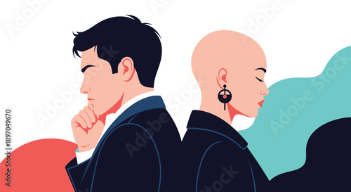 Man and a bald woman stand back to back in professional suits with thoughtful and somber expressions on their faces.