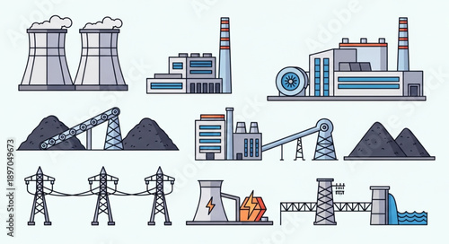 Collection of industrial power plant illustrations and energy production facilities.