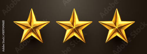 Three shiny golden stars on a dark background, representing rating, quality, and excellence. Vector illustration
