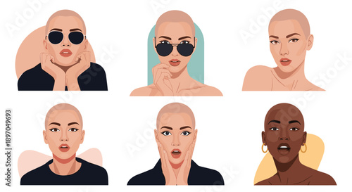 Collection of six portraits features bald women with various skin tones and expressions representing beauty diversity.