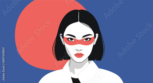 Artistic portrait of a woman with short black hair featuring a red paint mask across her eyes on a blue background.