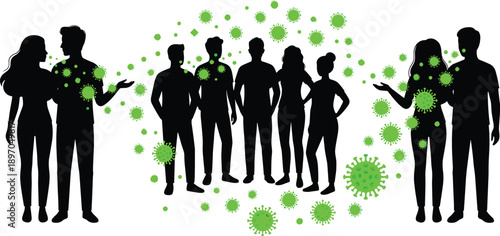 Virus transmission concept illustration showing people silhouettes surrounded by infectious particles crowd spread social interaction epidemic risk healthcare awareness isolated on white background 