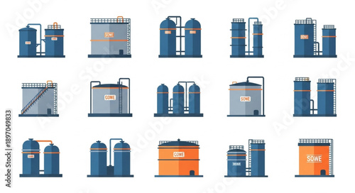 Collection of industrial storage tanks and containers.