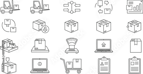 Ecommerce order fulfillment and logistics line icons set featuring inventory management, package handling, shipping workflow, tracking systems, and online retail supply chain concepts