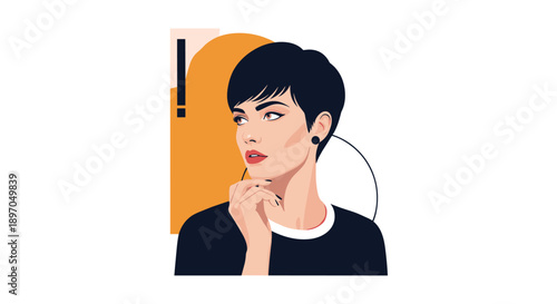 Thinking woman with short dark hair rests her chin on her hand with a contemplative look against an abstract background.