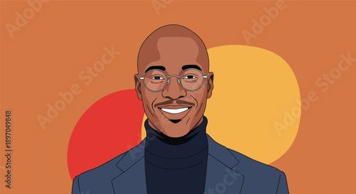 Handsome black man with a shaved head and glasses smiles warmly while wearing a navy blue turtleneck and suit jacket.