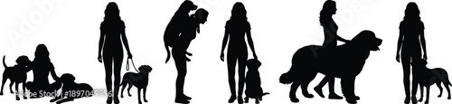 Woman and dog silhouettes isolated on white background, human and pet interaction scenes, companionship and care concept, daily lifestyle activities, minimalist black illustration