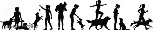 Women and dog silhouettes in daily activities isolated on white background, pet training, walking and fitness lifestyle scenes, human animal companionship minimalist illustration