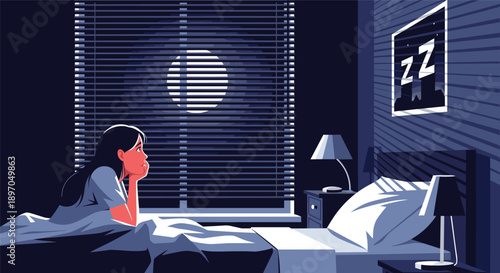 Young woman sits up in bed during the night looking at the bright full moon through the blinds while suffering insomnia.