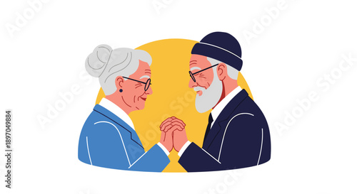 Loving senior couple holds hands and looks into each others eyes with deep affection against a bright yellow sun.