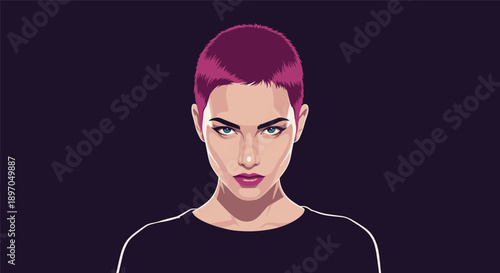 Portrait of a confident woman with short vibrant purple buzzed hair looking directly at the camera against a dark purple background.