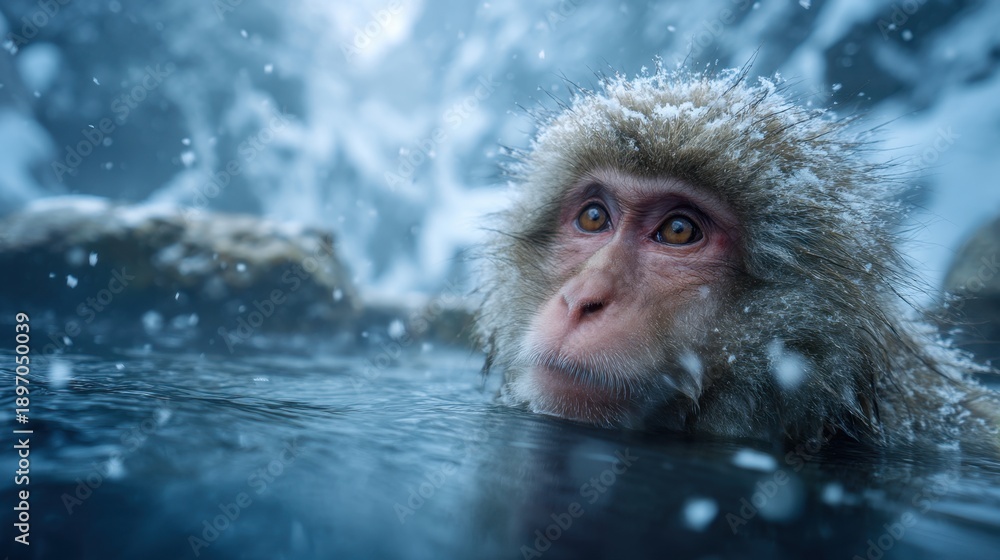 Obraz premium Snow-covered japanese macaque relaxing in icy hot spring landscape.