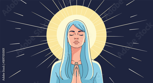 Spiritual woman with blue hair and closed eyes meditating with her hands together and a bright radiant halo shining against a dark starry sky.