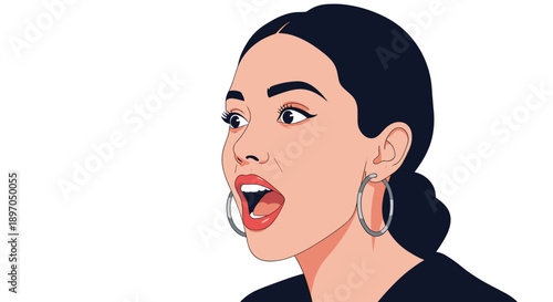 Close up portrait of a young woman with dark hair and large silver hoop earrings expressing extreme surprise with her mouth wide open.