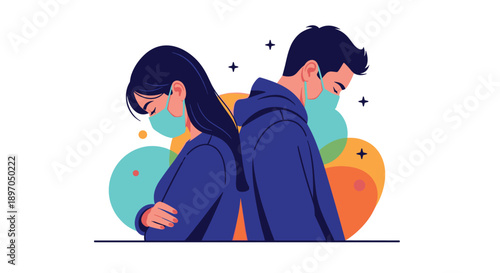 Sad young couple wearing protective medical face masks standing back to back representing isolation and relationship problems during a pandemic.