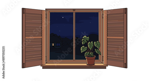 Peaceful night view through an open wooden window with shutters and a potted plant on the sill overlooking a quiet house under a starry sky.