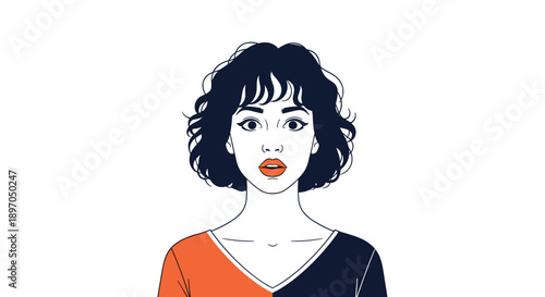Simple portrait illustration of a beautiful young woman with short dark curly hair and bright orange lipstick looking directly at the viewer.