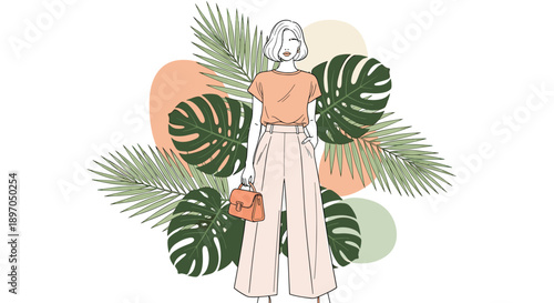 Stylish woman wearing an orange shirt and wide leg trousers holding a matching handbag while standing in front of large tropical green leaves.