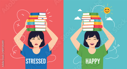 Comparison illustration shows a stressed student and a happy student both balancing a stack of books on their heads.