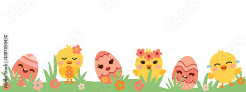 Easter eggs and chicks in cheerful spring illustration Cute decorated eggs with cartoon chicks and flowers Happy Easter scene with smiling eggs and yellow chicks
