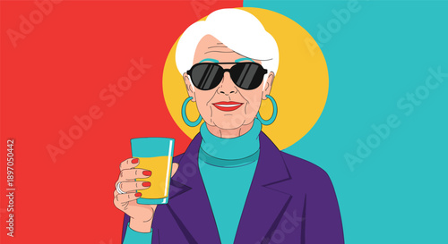 Stylish senior woman wearing sunglasses and a purple jacket holds a glass of orange juice against a vibrant backdrop.