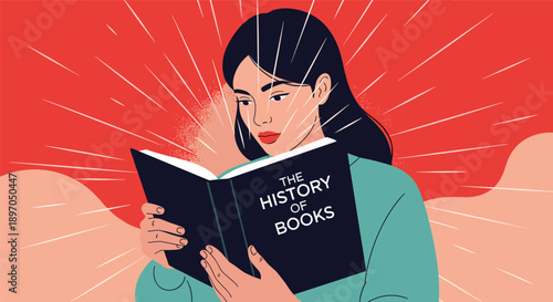 Young woman becomes enlightened while reading a book titled the history of books with rays of light shining from pages.