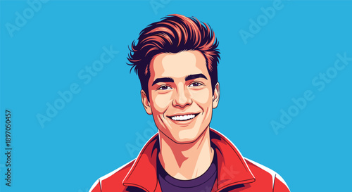 Portrait of a handsome young man with a modern hairstyle smiling happily against a solid bright blue background.