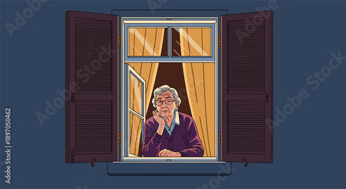 Elderly woman looks thoughtfully out of an open window with wooden shutters during a quiet moment at her home.