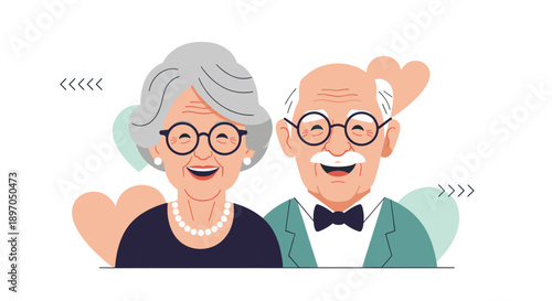 Happy senior couple smiles together surrounded by heart shapes representing lifelong love and companionship in old age.