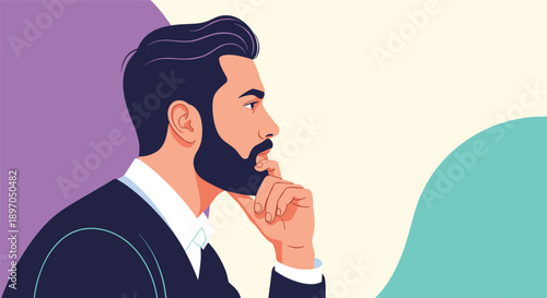 Profile of a bearded man in a dark suit lost in deep thought against a modern background with purple and teal shapes.