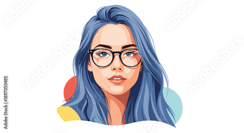 Beautiful young woman with long blue hair and stylish glasses looks forward with a calm and confident facial expression.