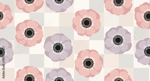 A seamless pattern of pastel colored flowers in soft pink, purple, and lilac hues on a checkered background viewed from directly above.