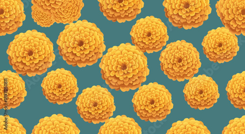 A visually appealing floral pattern featuring a repeating arrangement of cheerful yellow chrysanthemum flower heads on a teal backdrop