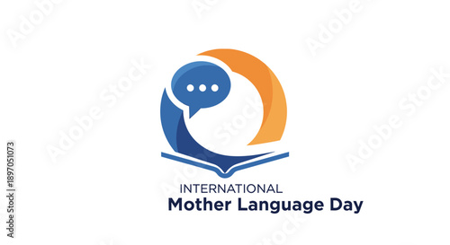 International Mother Language Day illustration featuring a person reading a book surrounded by abstract shapes and symbols