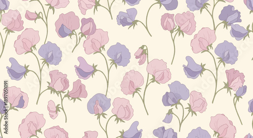 Delicate pastel floral seamless pattern featuring sweet pea flowers in bloom, perfect for decorative backgrounds