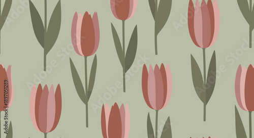 Delicate seamless pattern featuring elegant pink tulip flowers with green stems and leaves, a charming floral illustration perfect for spring, nature, and decorative textile designs