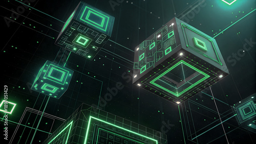 3D Abstract Geometric Background with Floating Cyber Cubes and Neon Green Glowing Circuit Lines for Technology and Blockchain Concept
