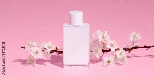 Elegant White Perfume Bottle beside Blooming Spring Cherry Blossom Branch Luxury Floral Fragrance Still Life Concept Calm luxury visual identity