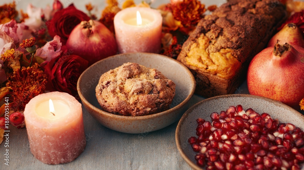 Fototapeta premium Warm baked goods and fruits arranged on a table with candles in a cozy setting
