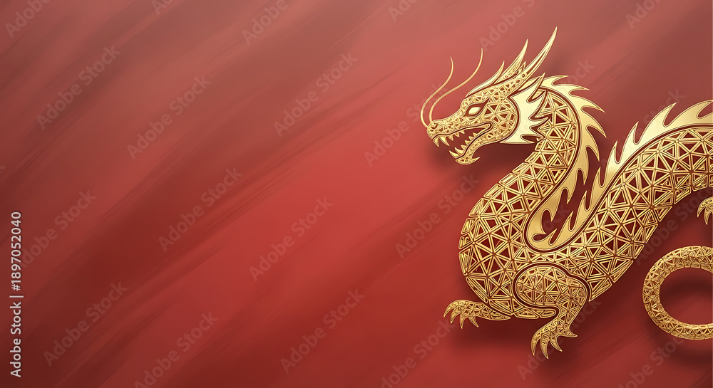 Fototapeta premium Majestic Golden Dragon Artwork on Red Background, Asian Culture, Digital Illustration, Artistic Environment, Side View, Mythical Concept