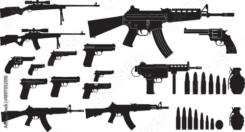 A diverse collection of firearms, including pistols, rifles, and handguns, alongside ammunition and grenades, illustrating a range of weaponry