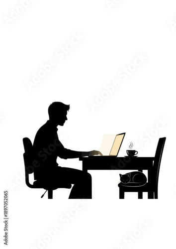 Modern Remote Work from Home Silhouette with Laptop Coffee and Pet Cat Vector Illustration